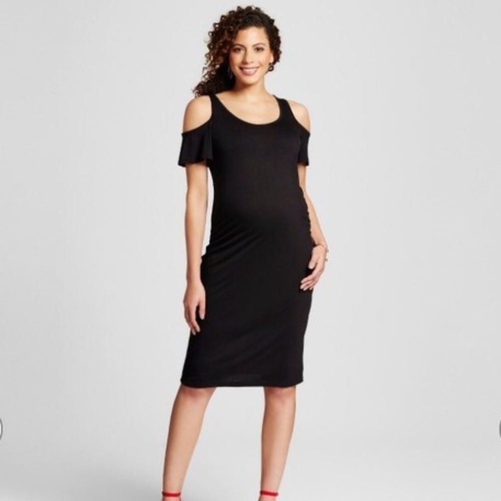 NEW! Maternity Ruched Cold Shoulder Black Dress